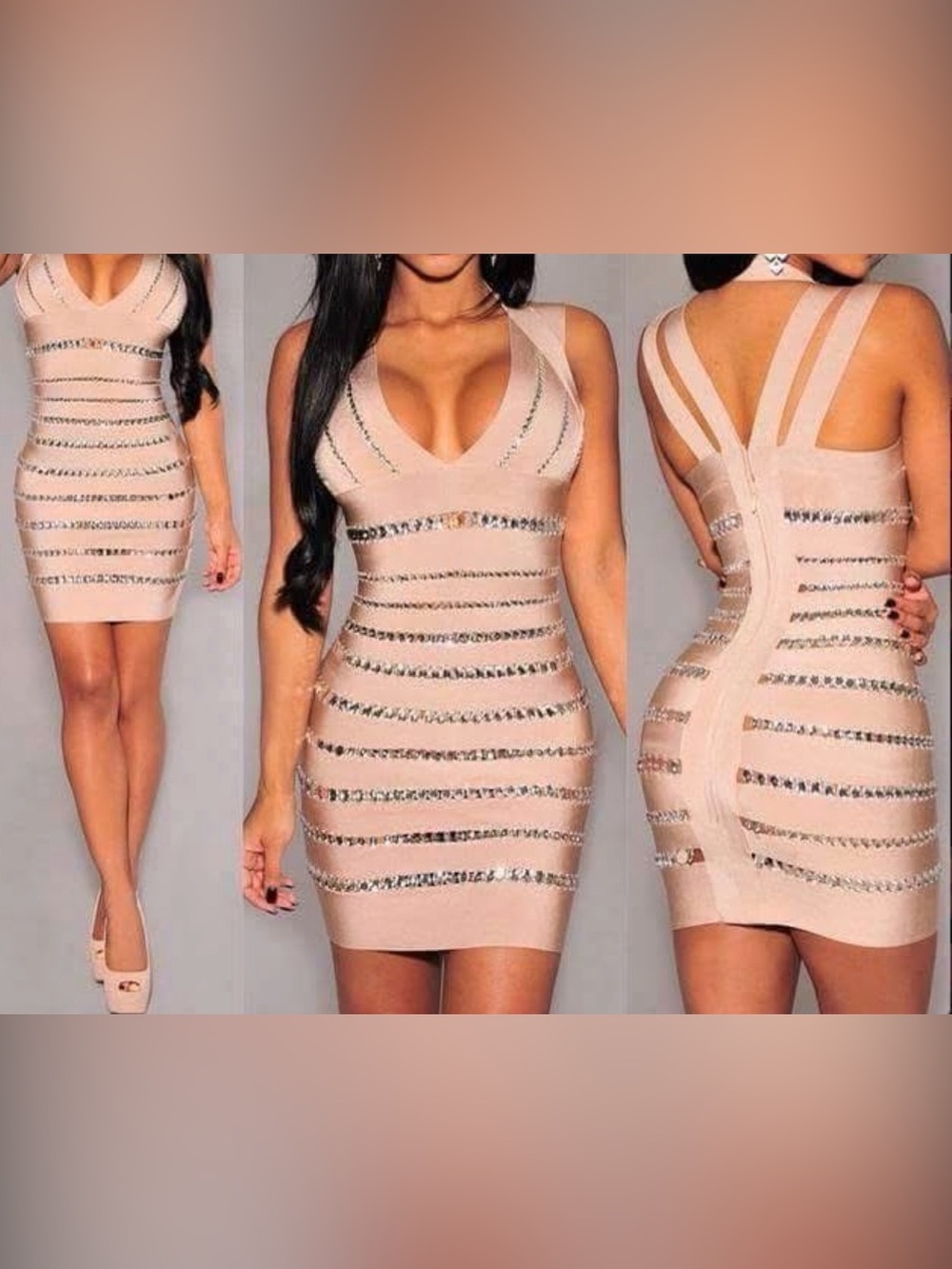 Beige Embellished Crystal Bandage Bobycon Dress